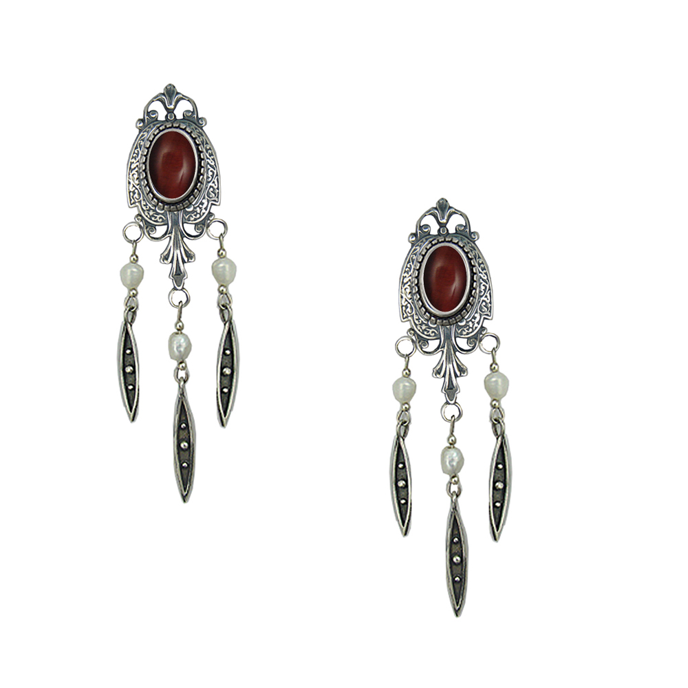 Sterling Silver Victorian Style Drop Dangle Earrings With Red Tiger Eye